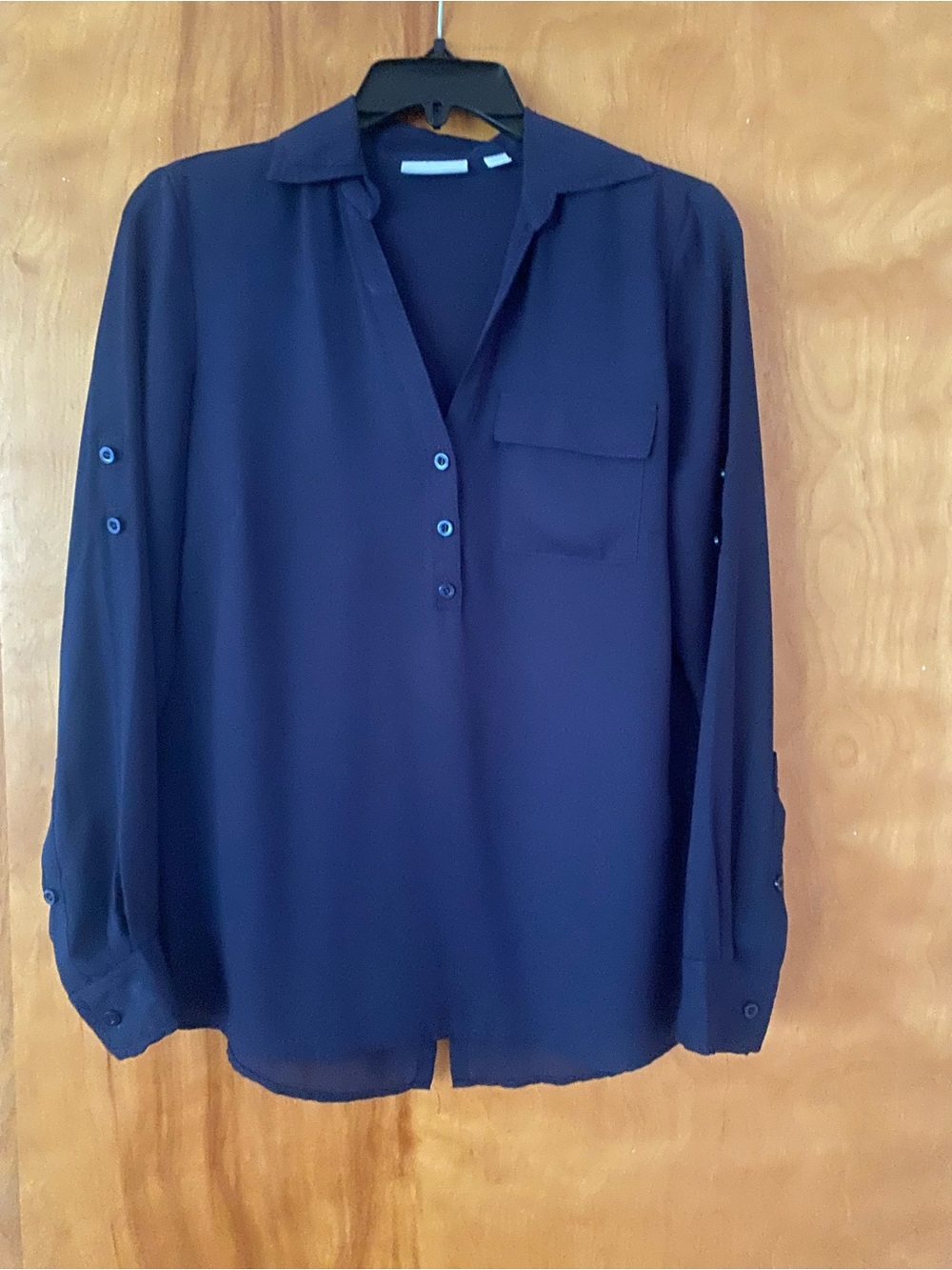 New York & Company Navy Button-Front Collared Blouse